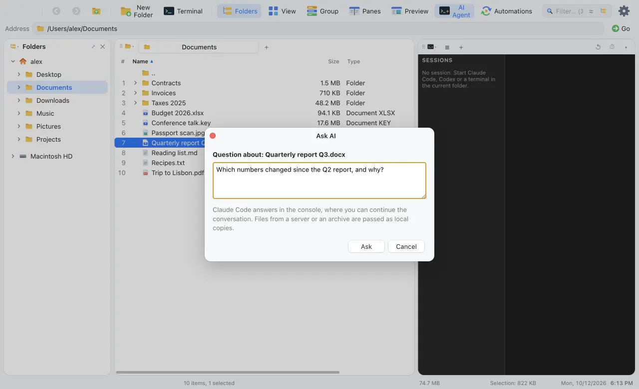The Ask AI dialog with a question about a quarterly report