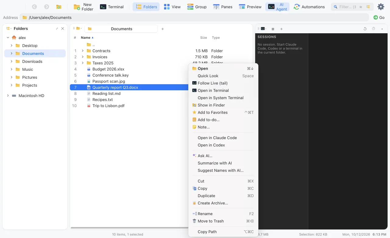 The context menu of a document with Open in Claude Code, Open in Codex, Ask AI, Summarize with AI and Suggest Names with AI