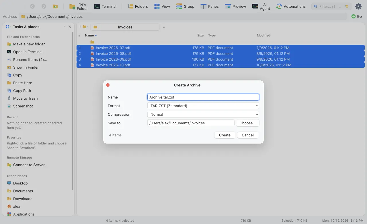The Create Archive dialog with four invoices selected and the TAR.ZST format chosen