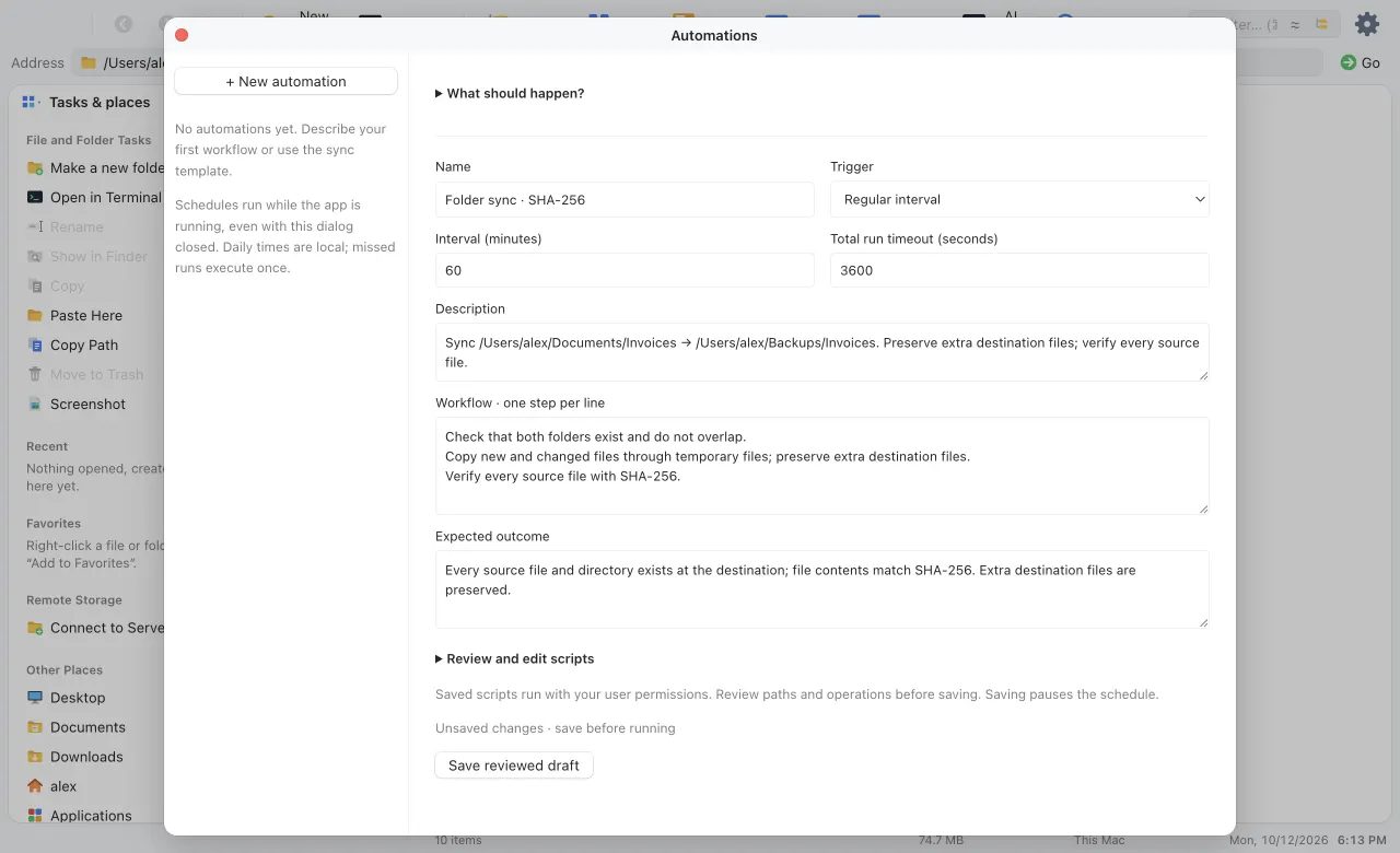 The Automations window with a folder sync set to run every 60 minutes