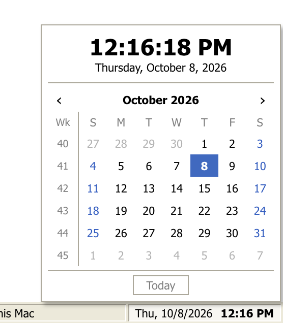 The calendar popup above the status bar clock, showing October 2026