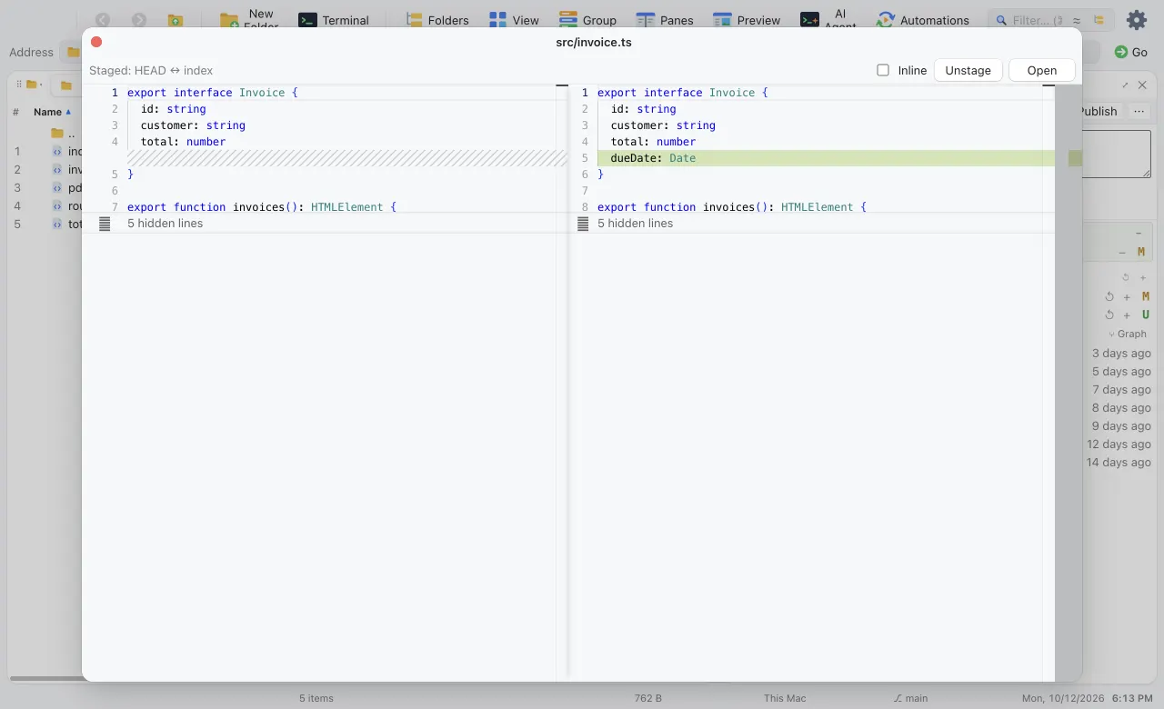 A side-by-side diff of a staged TypeScript file
