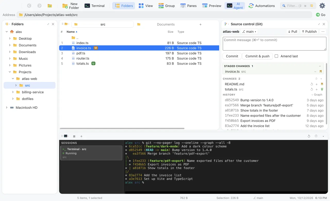 The source control panel with one staged file and two changes