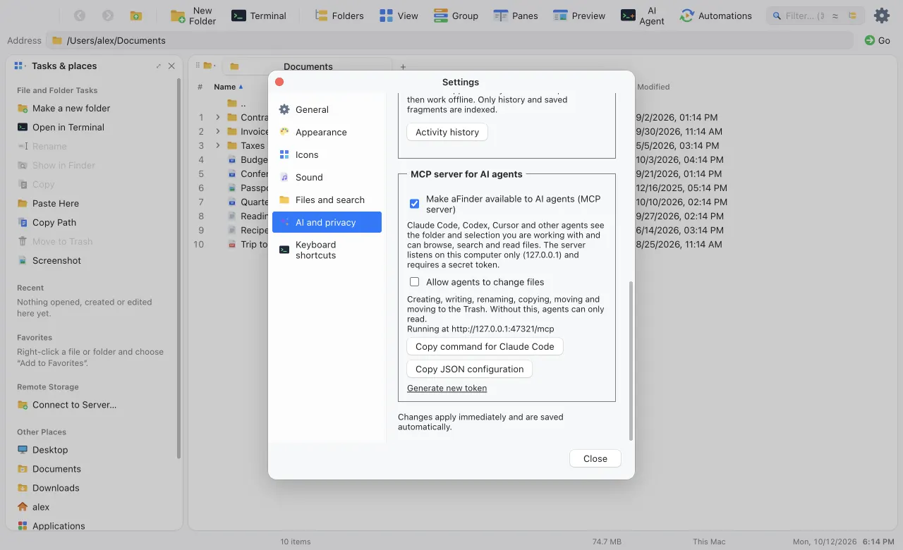 The AI and privacy settings with the MCP server running at 127.0.0.1 port 47321