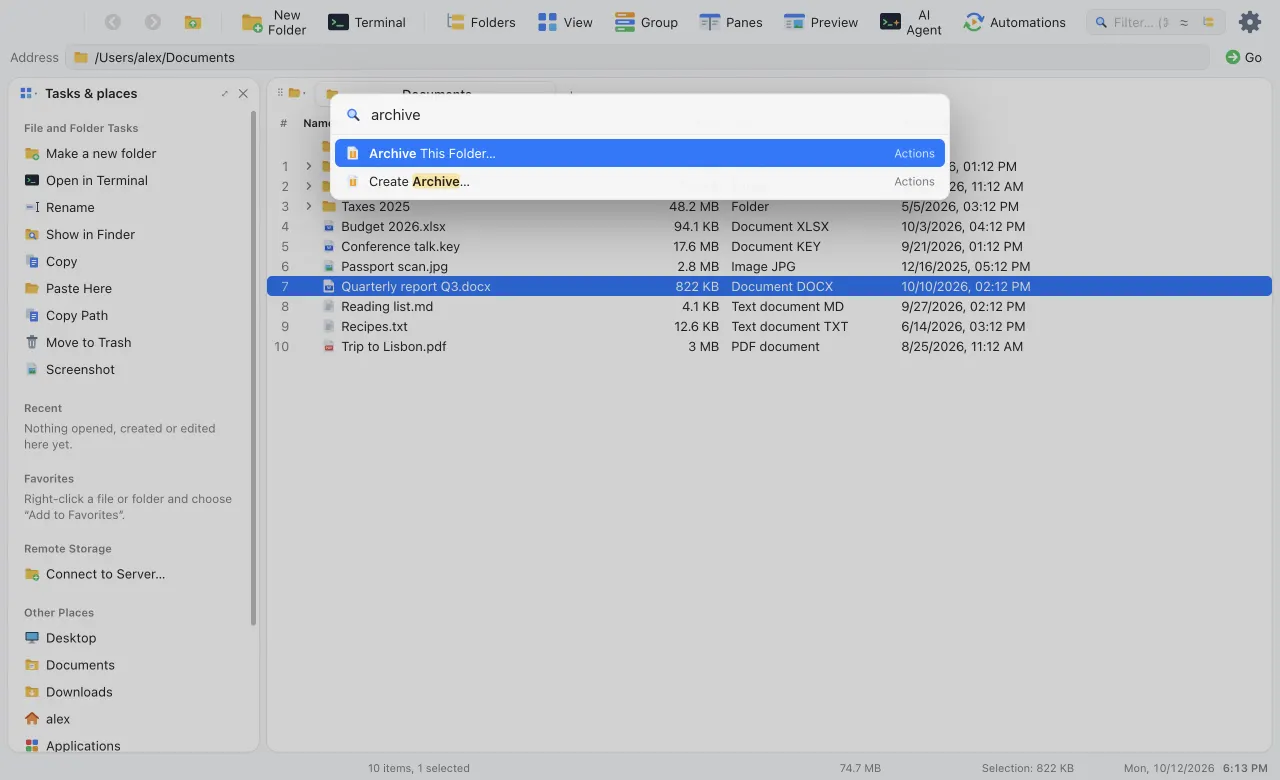 The command palette filtered to archive commands