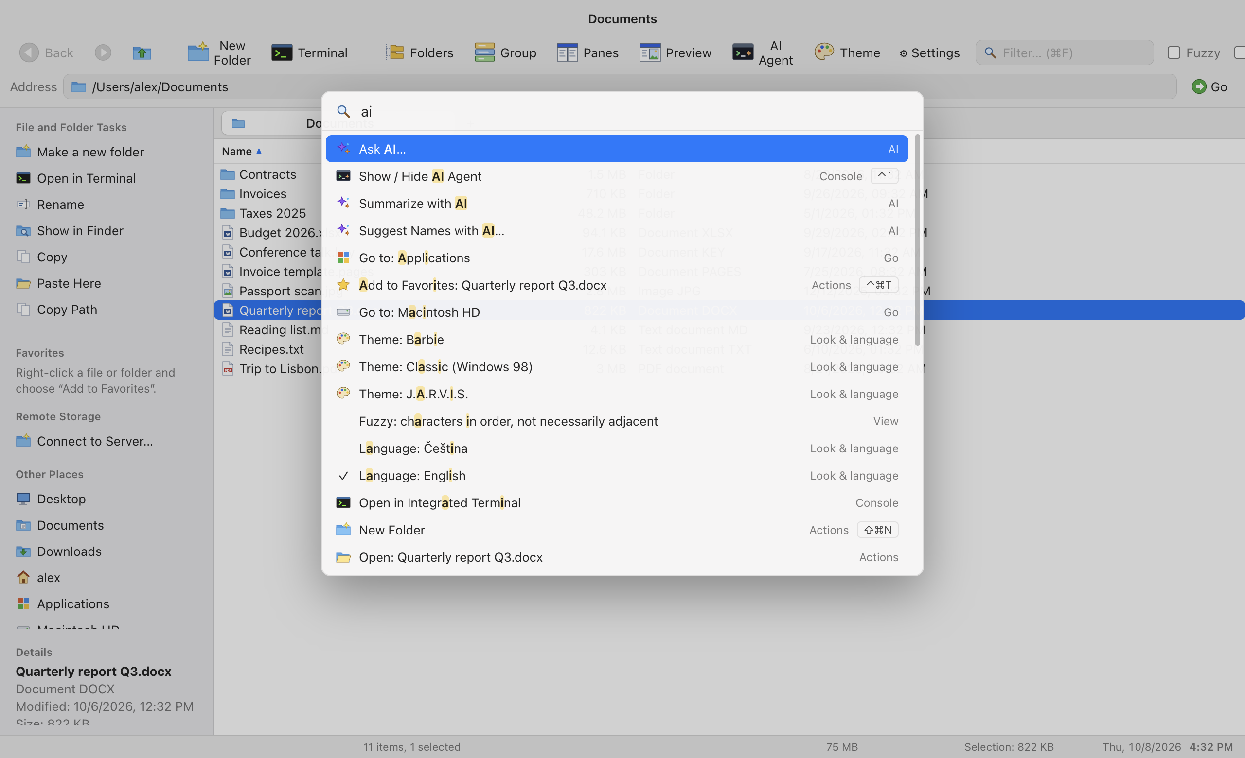 The command palette in the Modern (macOS) theme, listing AI actions for the query “ai”