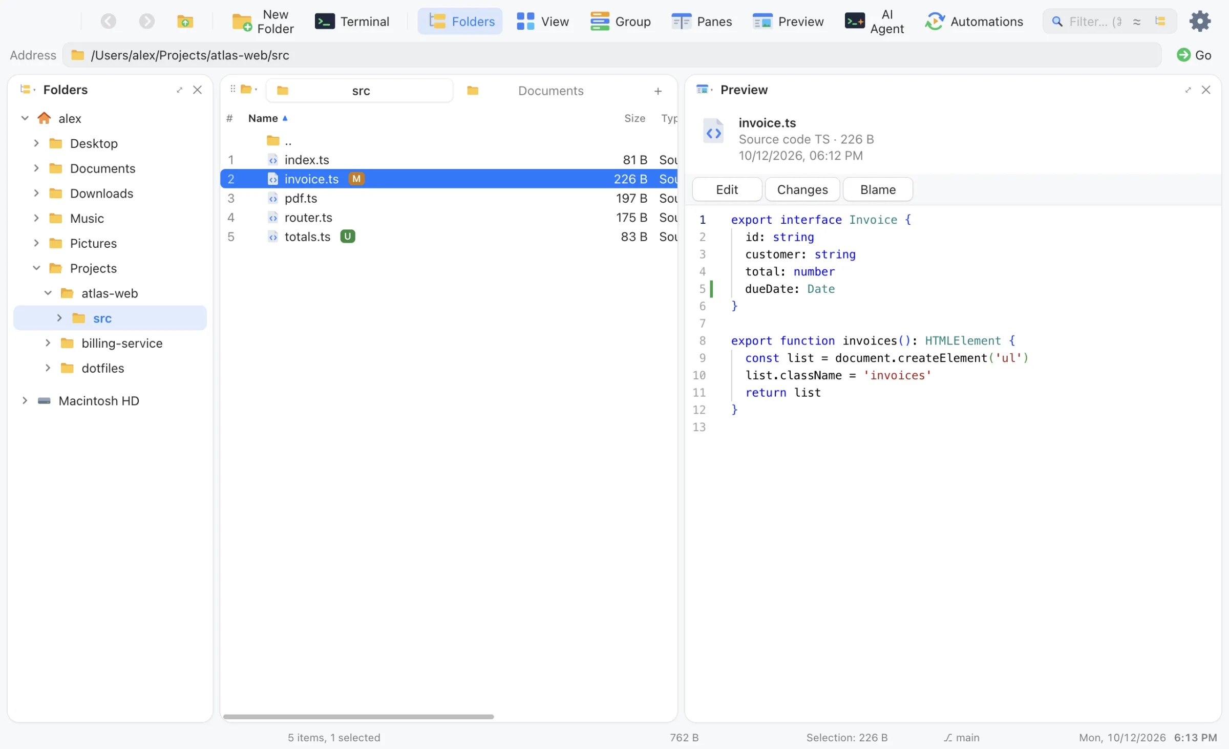 The preview area showing invoice.ts in the VS Code editor, with a change bar on the line added since the last commit