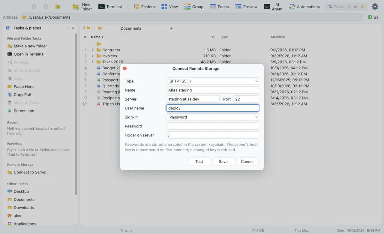 The Connect Remote Storage dialog filled in for an SFTP server