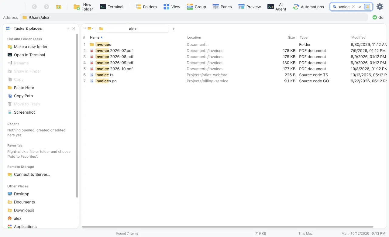 Search results for invoice across Documents and Projects