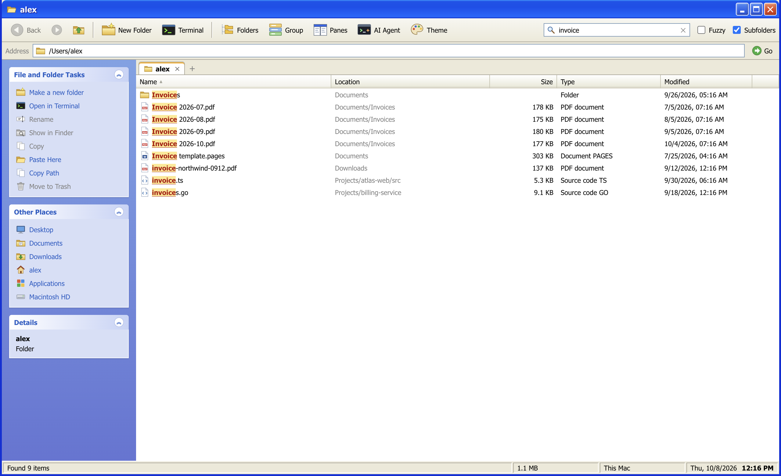 Searching for “invoice” across subfolders, with matches highlighted and a Location column
