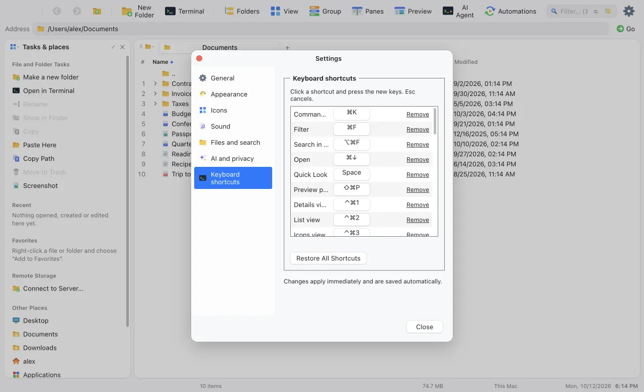 Settings open on Keyboard shortcuts, with a key field for each command