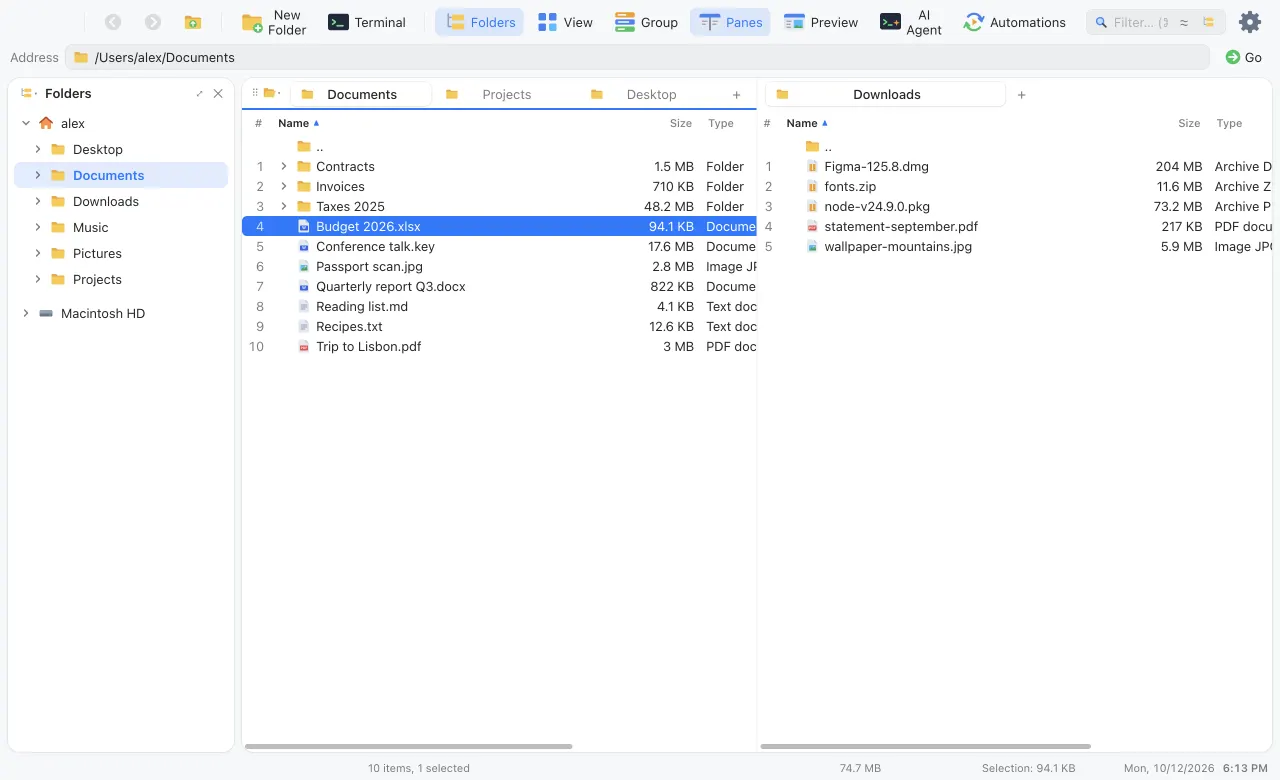 Two panes, Documents with three tabs on the left and Downloads on the right
