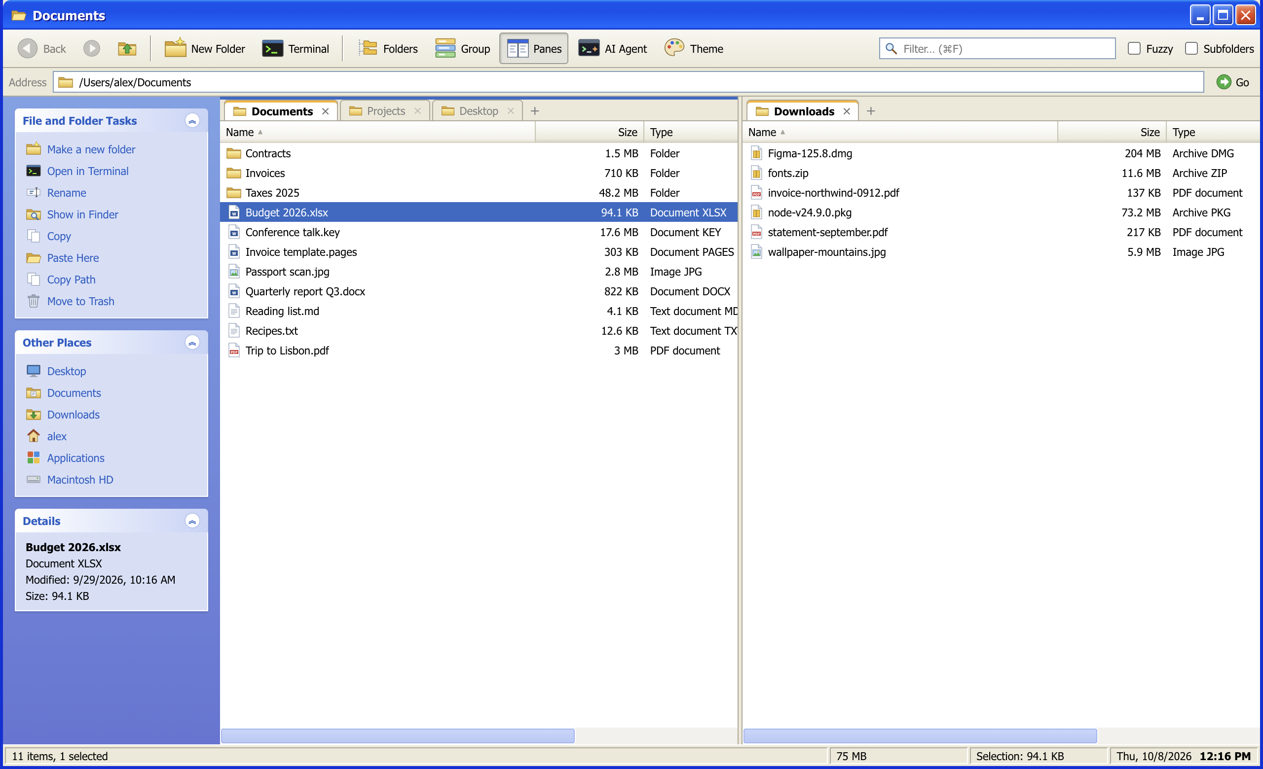 Two panes: Documents with three tabs on the left, Downloads on the right